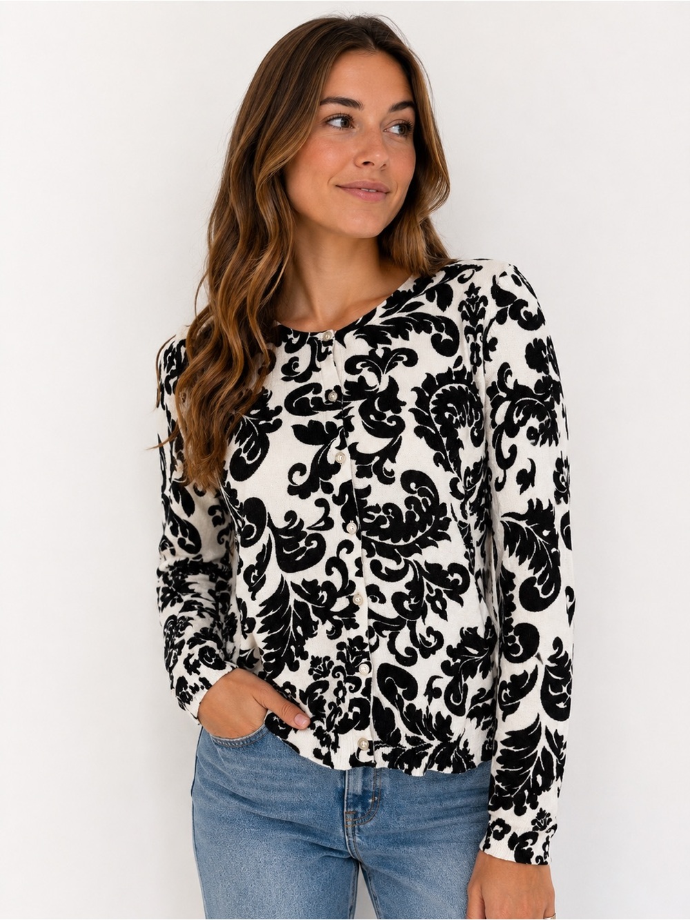 Rafaella Black & Ivory Damask Print Cotton Cardigan Sweater Medium